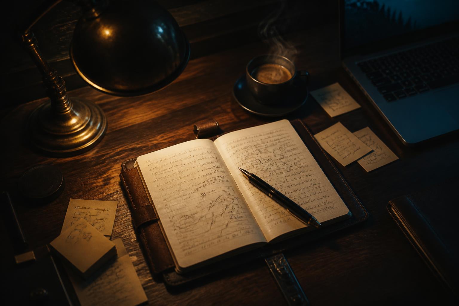 Late-night strategy desk with notebook, espresso, and brass lamp