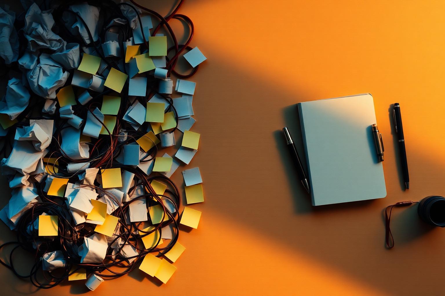 Cluttered desk transitioning to focused workspace